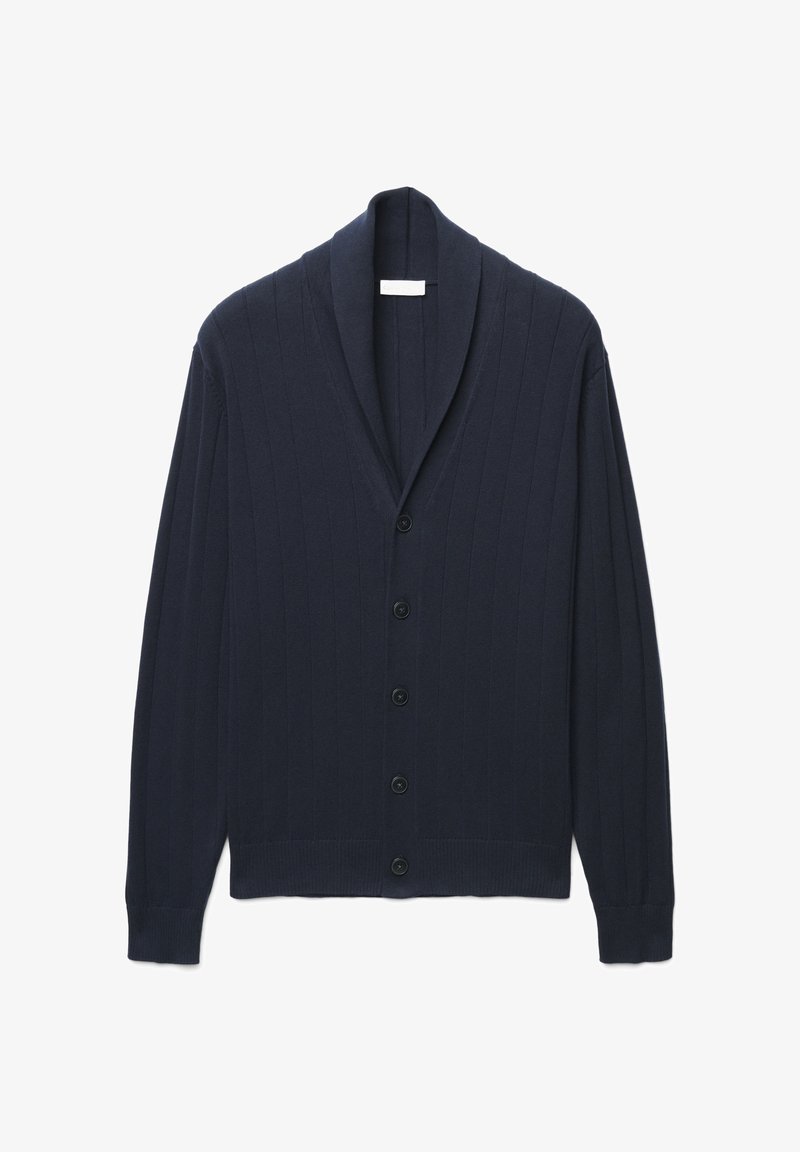 Dunkelblauer Marinecardigan mit Schalkragen, geripptem Stoff, sieben vorderen Knöpfen und eng anliegenden Bündchen. Hergestellt aus weichem Material.