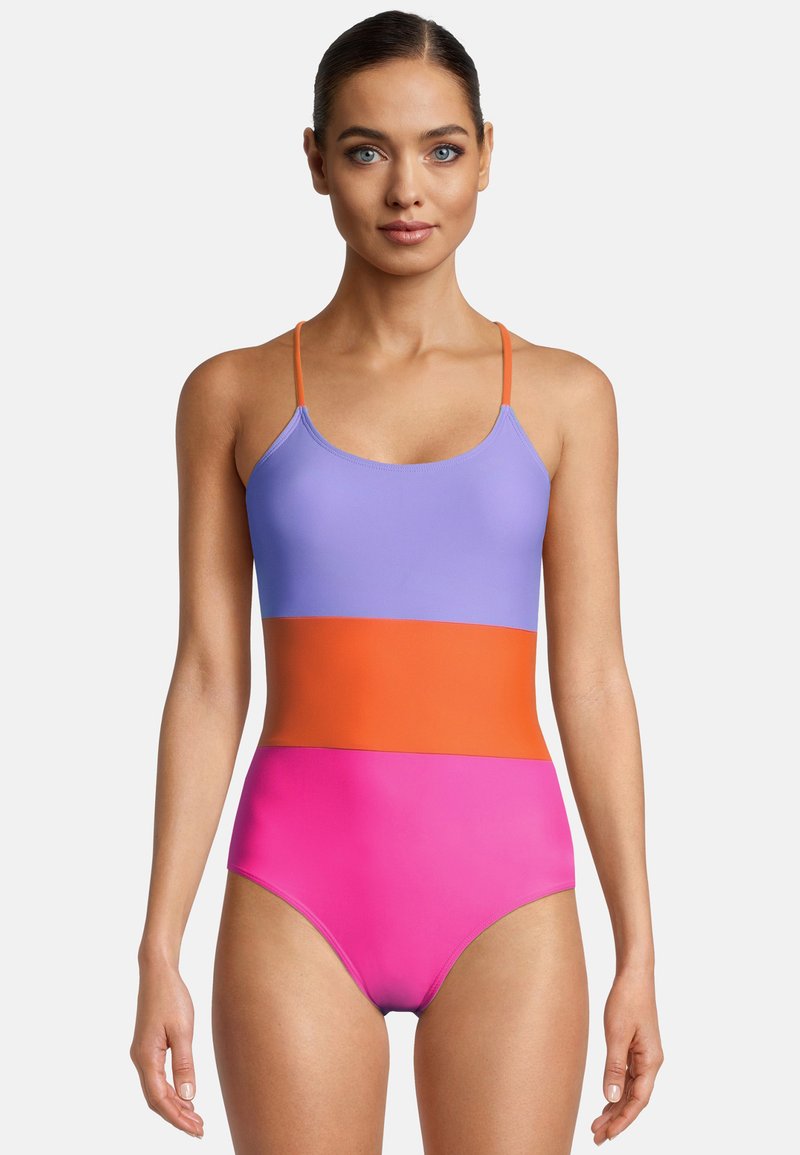 Multikleurige één-piece badpak met een lavendelkleurige bovenkant, een oranje middenstuk en een roze onderkant. Zachte textuur met dunne bandjes.
