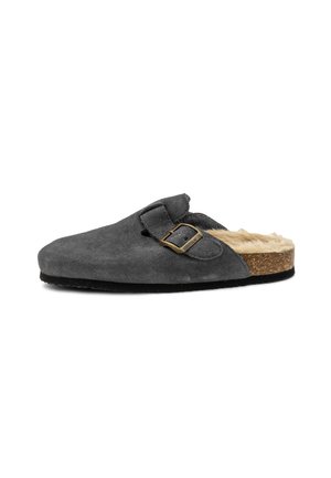 Gray suede slip-on shoe featuring a soft fur lining, a cork footbed, and a metal buckle accent on the upper side.