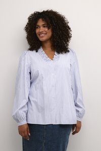 Blouse rayée à boutons en bleu clair et blanc, dotée d'un col à volants, de longues manches bouffantes et d'une coupe décontractée. Le tissu semble lisse.