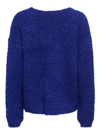 Pull femme à manches longues en tissu texturé bleu roi profond avec un col rond et des poignets ajustés.