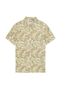 Kortärmad polo i ljusgrön med ett blommönster i beige och mörkgrön. Har en klassisk krage och knappstängning. Tillverkad av bomull.