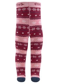 Kniestrümpfe mit gestreiftem Muster in Burgunderrot, Pink und Weiß, verziert mit Schneeflocken und einer dunkelblauen Zehe. Weiches Strickmaterial.