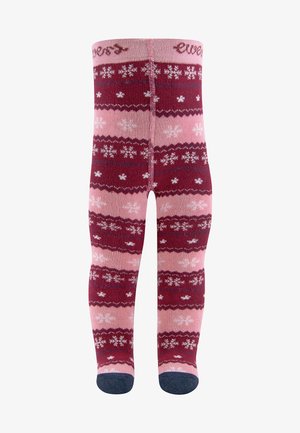 Skarpety sięgające do kolan w paski w kolorach burgundowym, różowym i białym, z płatkami śniegu i ciemnoniebieskim palcem. Wykonane z miękkiej dzianiny.