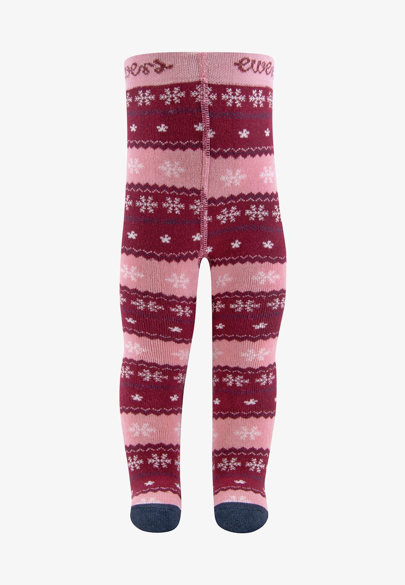 Chaussettes montantes présentant un motif rayé en bordeaux, rose et blanc, avec des flocons de neige et un orteil bleu foncé. Design en tissu tricoté doux.