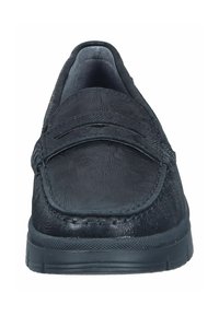 Schwarzer Slipper mit strukturiertem Muster, elastischem Einsatz für Flexibilität und Gummisohle. Mit sichtbaren Nähten entlang der Kanten.