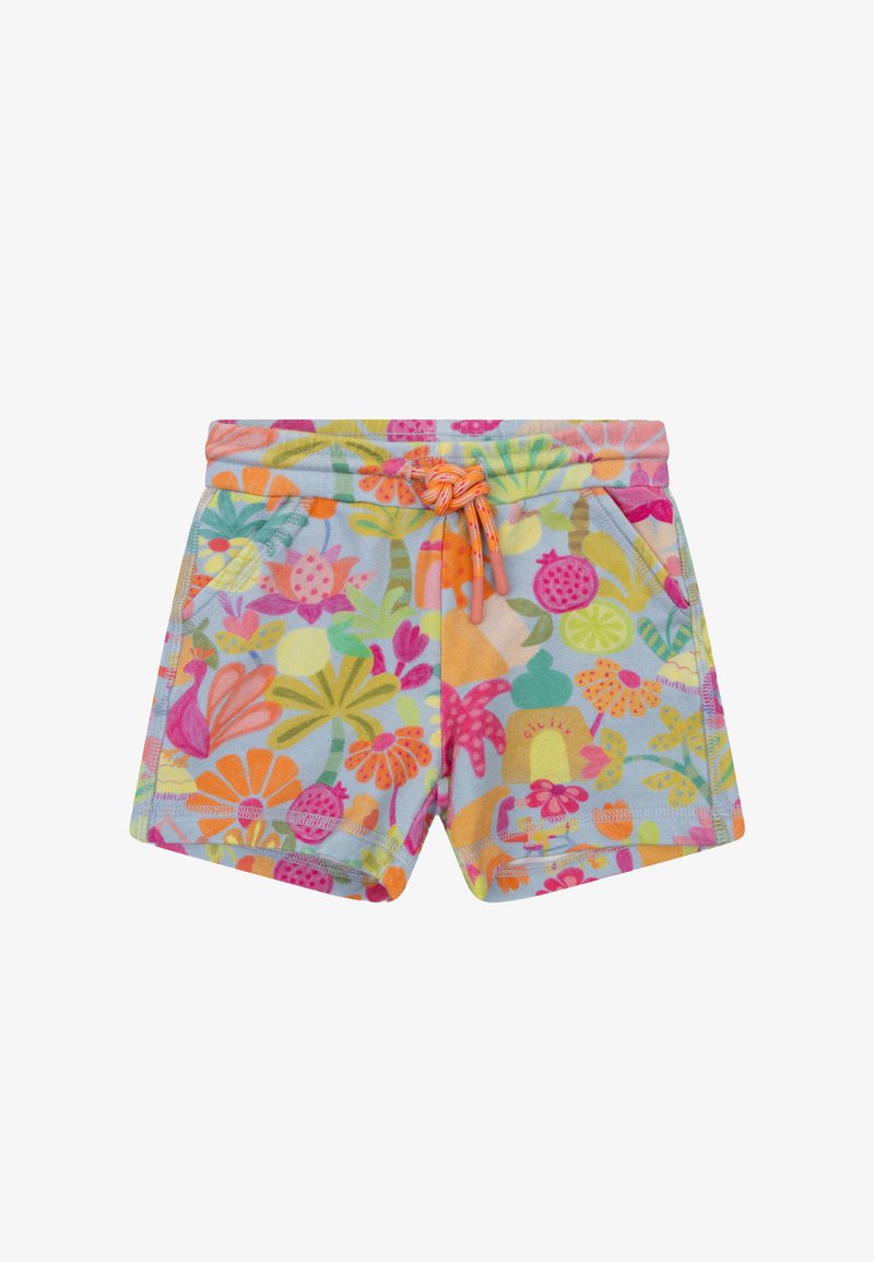 Kinderkorte broek met kleurrijk bloem- en fruitpatroon, een elastische tailleband, voorzakken en een oranje trekkoord dat in een knoop is gebonden.