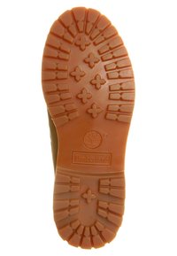 Suola di stivale Timberland in gomma marrone con un motivo di battistrada robusto. Presenta un logo impresso e tacche incrociate per una trazione migliorata.