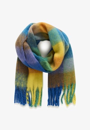 Écharpe en laine douce avec un motif écossais bleu, vert, jaune, orange et violet, pliée avec des extrémités frangées visibles.