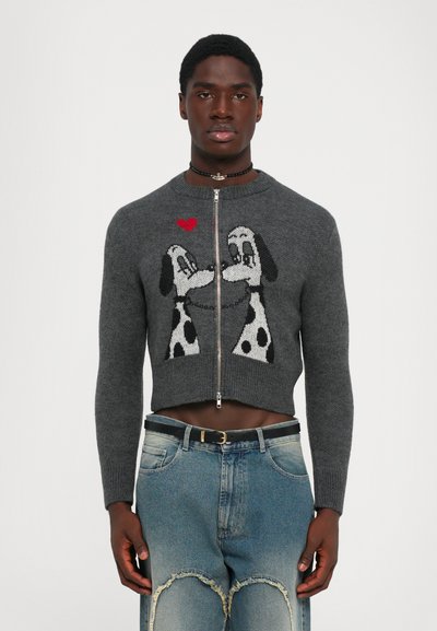 Mann, der einen grauen, taillierten Reißverschluss-Pullover trägt, auf dem zwei cartoonhafte, gepunktete Hunde einander gegenüberstehen, mit einem roten Herz über ihnen, kombiniert mit ausgewaschenen Jeans.