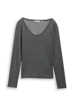 Langärmliges Oberteil in Dunkelgrau, aus einem strukturierten, gerippten Stoff gefertigt. Verfügt über einen breiten Rundhalsausschnitt und eine figurbetonte Silhouette.