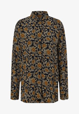 Mustat pitkät hihat -paita, jossa on ruskea ja beige kukkakuosi, napitus edessä ja terävä kaulus.