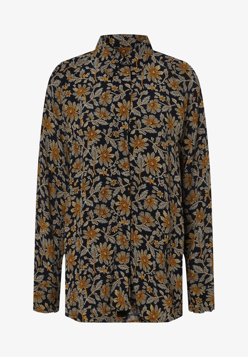 Chemisier noir à manches longues avec un motif floral marron et beige, devant à boutons et col pointu.