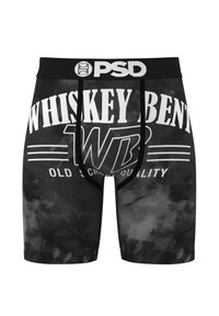 Black boxer briefs with white "WHISKEY BENT" and "WB Old School Quality" text, and a black waistband featuring a white PSD logo.