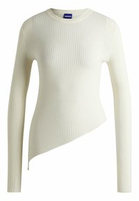 Maglietta a maniche lunghe in maglia a coste di colore bianco sporco. Orlo asimmetrico e design con scollatura rotonda, con una finitura testurizzata. Marchio HUGO sul colletto.