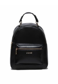 Sac à dos en cuir noir de forme arrondie, doté d'une poche zippée à l'avant et d'accents en métal doré. Logo "LIU JO" à l'avant.