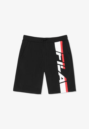 Pantaloncini atletici neri con due tasche laterali, vita regolabile con coulisse e logo verticale "FILA" bianco e rosso su una gamba.