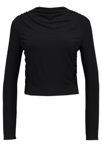 Svart långärmad kort topp med draperad halsringning, mjukt tyg och rynkad detalj längs sidorna. Inga synliga stängningar.