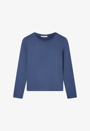 Camicia blu a maniche lunghe realizzata in tessuto morbido. Presenta un collo rotondo e una vestibilità aderente. Minimalista, senza modelli o accenti visibili.