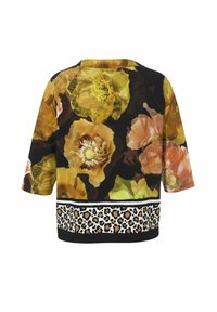 Blumenmuster-Oberteil mit gelben und orangen Blumen auf schwarzem Hintergrund. Verfügt über einen Leopardenmuster-Saum und einen lockeren Schnitt mit ¾ Ärmeln.