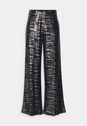 Sorte vide bukser med en skinnende pailletstruktur og et bølget mønster. Høj talje-design, flydende silhuet og glat finish.
