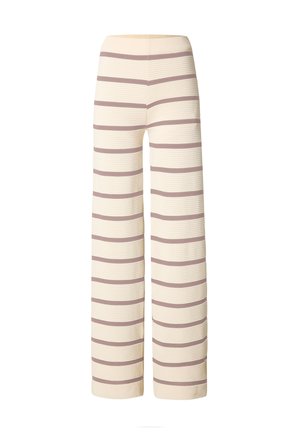Kremowe spodnie o szerokich nogawkach z poziomymi paskami koloru mauve i prążkowaną fakturą, z elastycznym pasem.