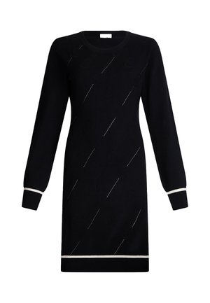 Schwarzes gestricktes Kleid mit langen Ärmeln, das ein diagonales Muster und weiße Akzente an den Bündchen und dem Saum aufweist. Weicher Stoff, Rundhalsausschnitt.