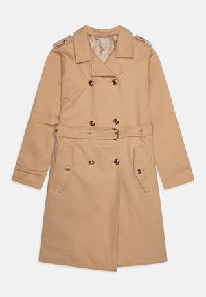 Beige trenchcoat met een dubbelgeknoopt ontwerp, gouden knopen, schouderepauletten en twee voorkruiden. Glad stof met een riemdetail.