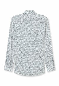 Langärmeliges Hemd in Hellblau und Weiß mit floralem Muster. Hergestellt aus weichem Stoff, mit klassischem Kragen und abgerundetem Saum.