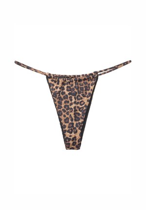 Bikinibroekje in luipaardprint met smalle verstelbare zijsneden en een geraffineerde elastische tailleband op een witte achtergrond.