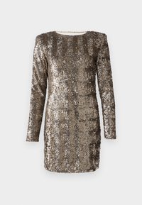 Robe à paillettes bronze avec des manches longues et un col rond, présentant une surface texturée avec des éléments métalliques réfléchissants.