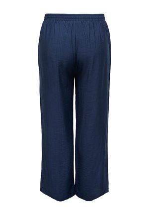 Granatowe, luźne spodnie z elastycznym paskiem w talii, wykonane z tkaniny o fakturze, z szerokimi nogawkami, pokazane od tyłu na białym tle.