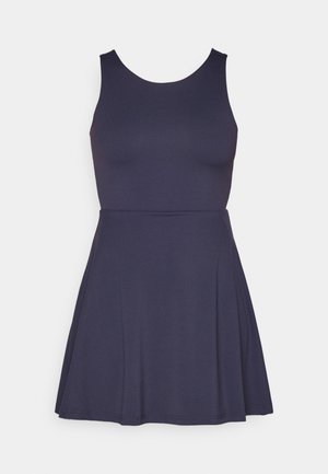 Robe sans manches bleu marine avec un buste ajusté et une jupe évasée, fabriquée à partir d'un tissu lisse. Dispose d'un col rond et de coutures discrètes.