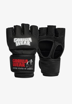 Zwarte halfvinger handschoenen gemaakt van textuur materiaal. Bevat het "GORILLA WEAR" logo met witte en rode accenten en een gorilla afbeelding op de polsband.