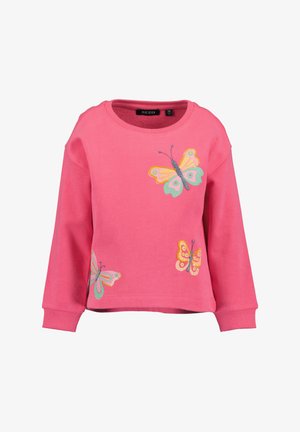 Rosa Sweatshirt mit langen Ärmeln und bunten Schmetterlingsmotiven. Weicher Stoff, Rundhalsausschnitt und gerippte Bündchen. Sichtbares Markenschild.