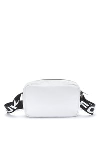 White rectangular bag with a smooth, textured surface, featuring a black patterned strap and silver hardware for closure.