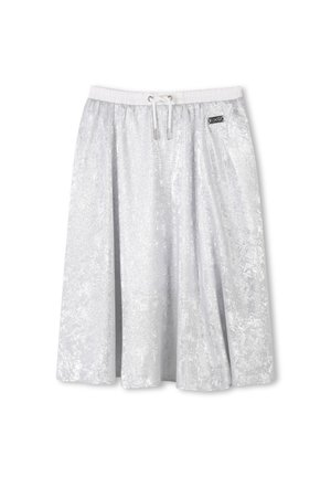Jupe argentée à sequins avec une taille élastique et un cordon de serrage, présentant une silhouette évasée en A et un léger éclat.