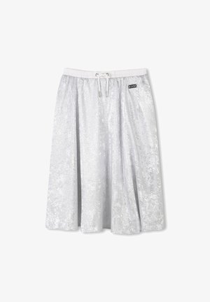 Jupe argentée à sequins avec une taille élastique et un cordon de serrage, présentant une silhouette évasée en A et un léger éclat.