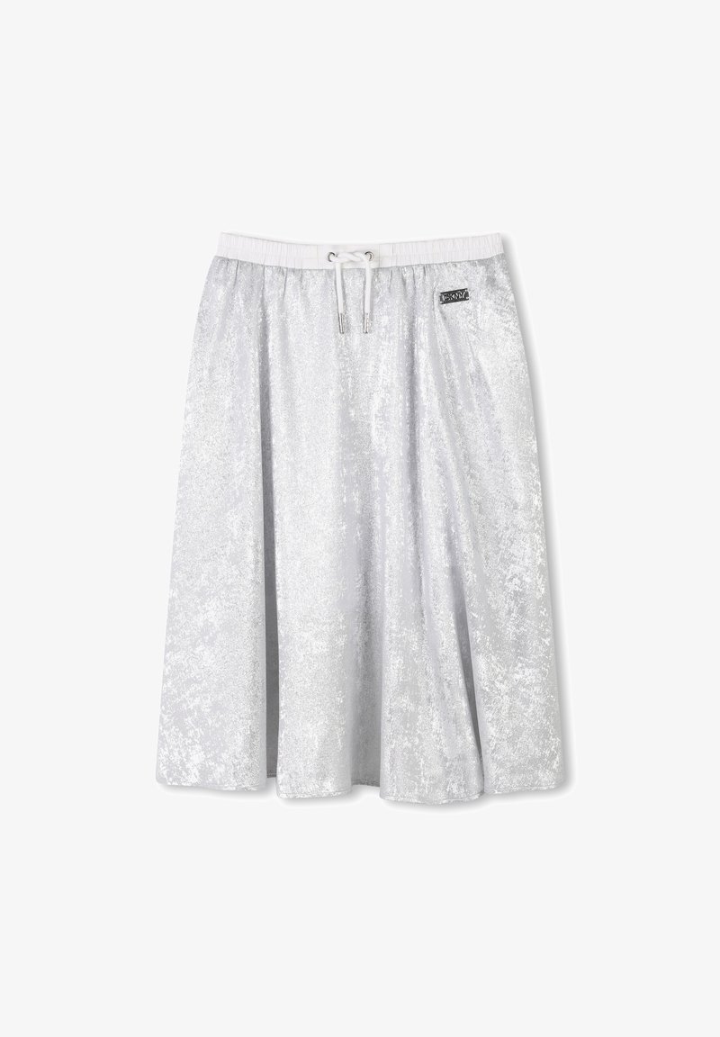 Jupe argentée à sequins avec une taille élastique et un cordon de serrage, présentant une silhouette évasée en A et un léger éclat.