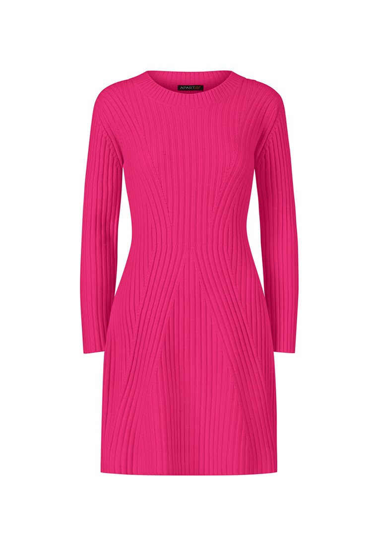 Geripptes, langärmeliges Kleid in lebhaftem Pink. Präsentiert eine taillierte Silhouette mit schrägen Nähten. Aus strukturiertem Strickstoff gefertigt.