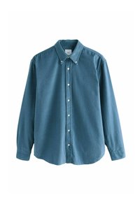 Cămașă cu mâneci lungi, de culoare bleu deschis, dintr-un material texturat, având un guler clasic și un mic logo pe piept.