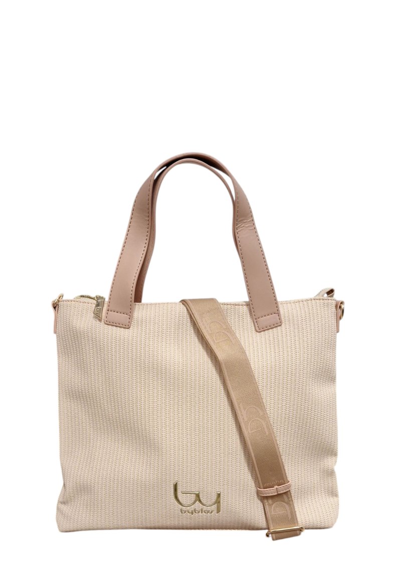 Borsa a tracolla beige con texture, manici in pelle liscia e tracolla regolabile, caratterizzata da un logo dorato sul fronte. Chiusura con zip nella parte superiore.