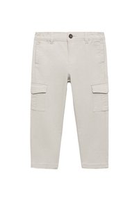 Lys beige cargo-bukser med knaplukning, to sidelommer og to store cargo-lommer på lårene. Fremstillet af slidstærkt stof.
