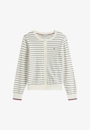 Cárdigan blanco con rayas navy, con un escote redondo, cierre de botones y un pequeño logo en el pecho. Tejido suave y puños acanalados.