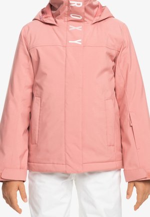 Veste imperméable rose avec capuche, arborant un logo distinctif sur la poitrine, une coupe droite et des poches latérales pour plus de praticité.