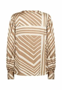 Langärmlige Bluse in Beige und Weiß mit geometrischem Streifenmuster, runder Ausschnitt und geknöpften Manschetten. Glatte Stofftextur.