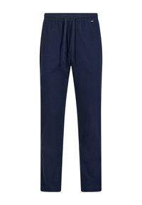 Marineblå joggebukser lavet af blød stof, med elastiisk talje og snøre samt tapered bendesign, uden synlige mønstre.