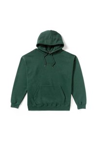Sudadera con capucha de color verde oscuro, con bolsillo tipo canguro en la parte frontal, cordones y puños acanalados. Fabricada en una suave mezcla de algodón.