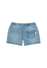 Jasnoniebieskie szorty dżinsowe z elastycznym pasem, tylną kieszenią oraz dołem, który sięga nad kolano, z delikatnym efektem przetarcia.