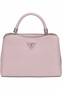 Borsa a mano sintetica rosa con texture, dalla forma strutturata, dotata di manico superiore e dettaglio del logo triangolare sul frontale.